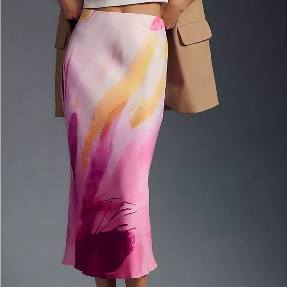 Anthropologie Abstract Watercolor Pink Midi Skirt